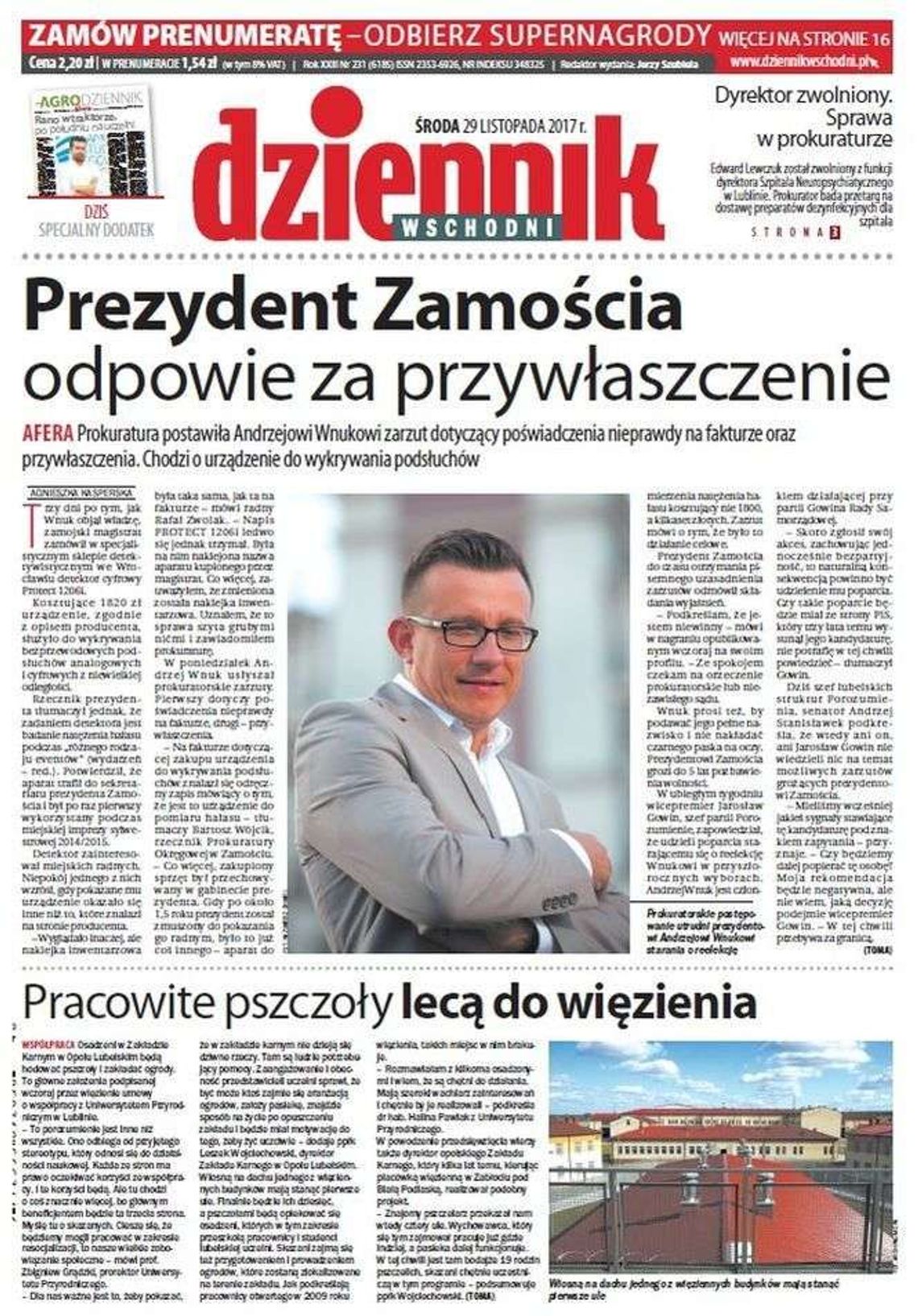 Pierwsza strona Dziennika Wschodniego z 29 listopada 2017 roku