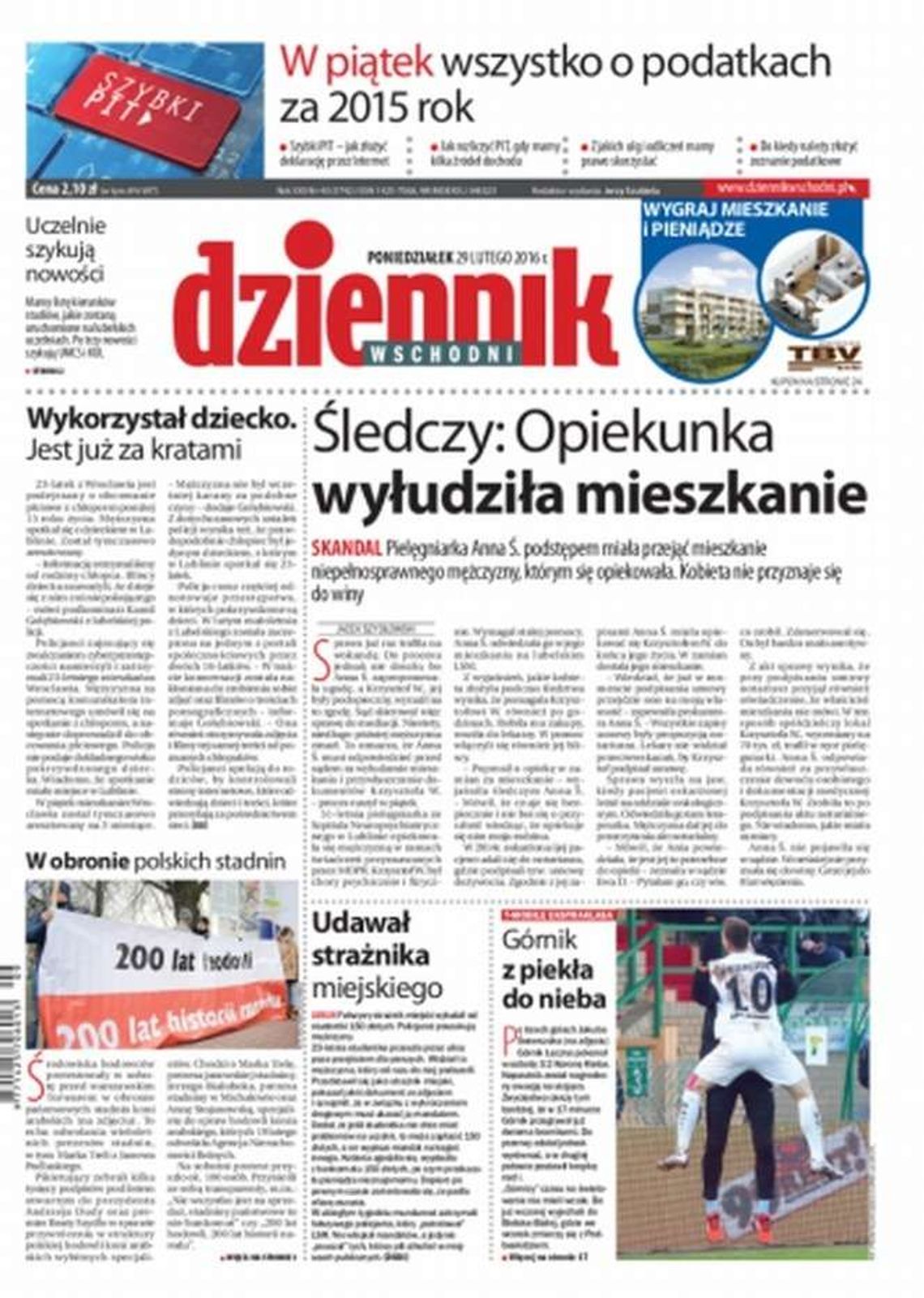 Pierwsza strona Dziennika Wschodniego z 29 lutego 2016