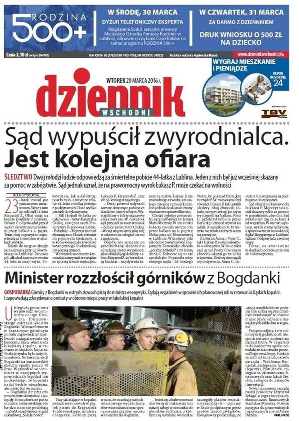 Pierwsza strona Dziennika Wschodniego z 29 marca 2016 r.