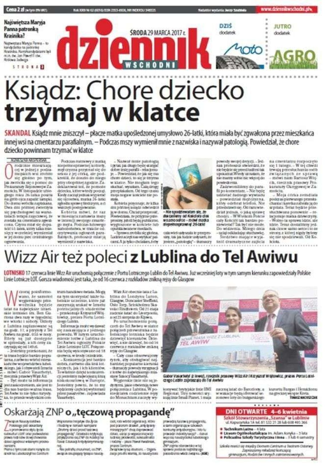 Pierwsza strona Dziennika Wschodniego z 29 marca 2017 roku