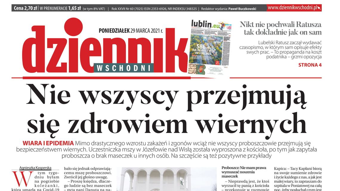 Pierwsza strona Dziennika Wschodniego z 29 marca 2021 roku