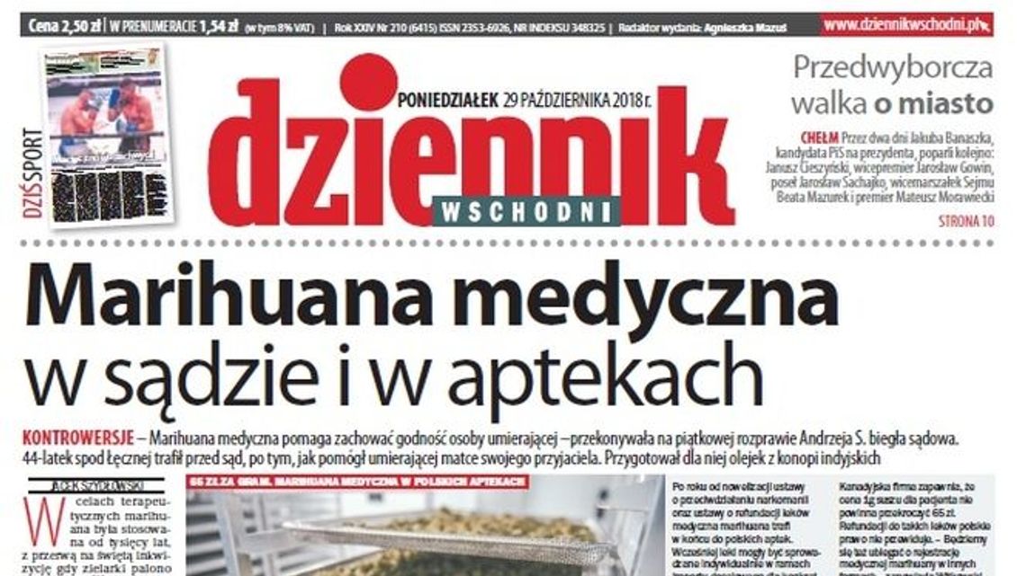 Pierwsza strona Dziennika Wschodniego z 29 października 2018 roku