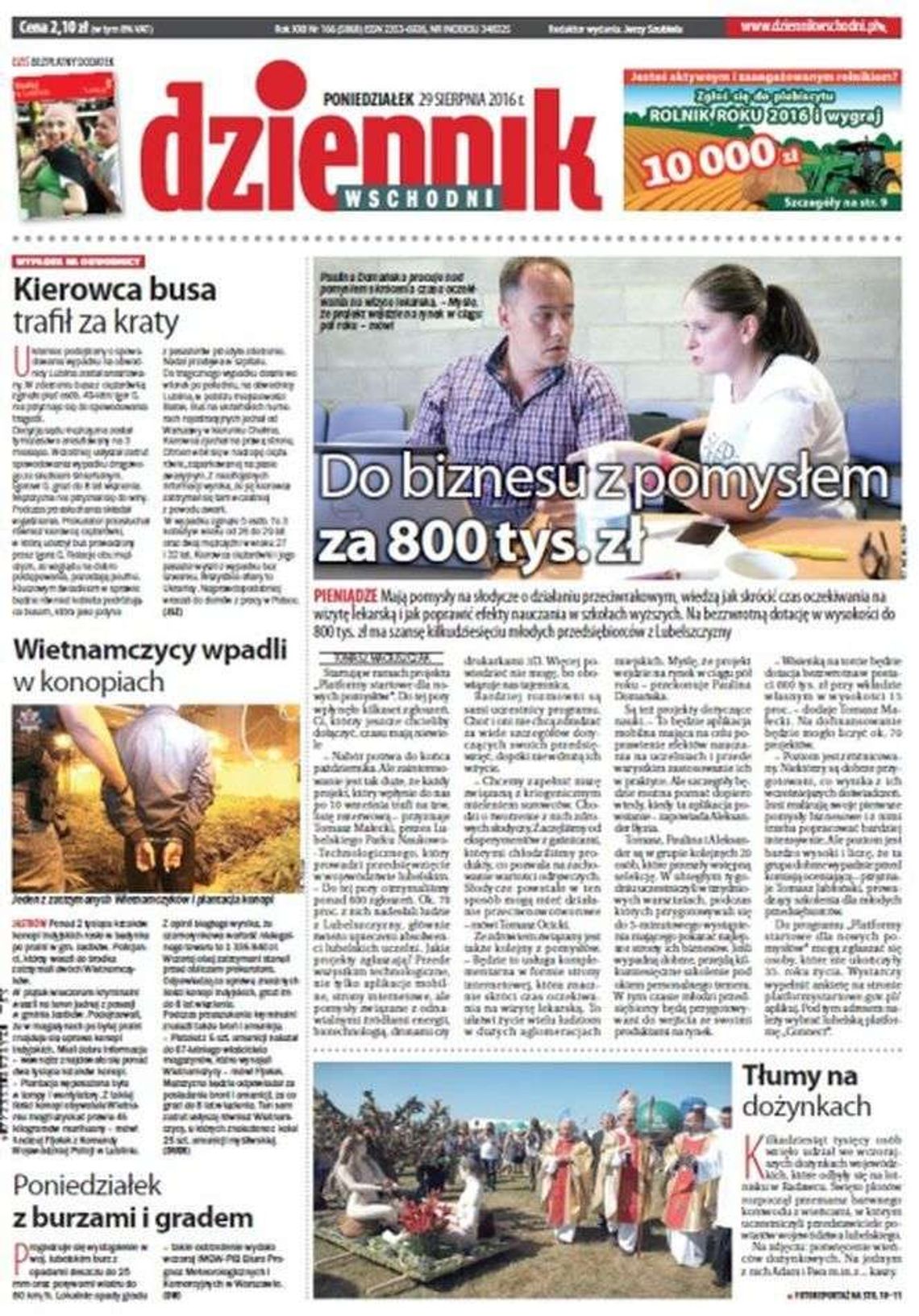 Pierwsza strona Dziennika Wschodniego z 29 sierpnia 2016 roku