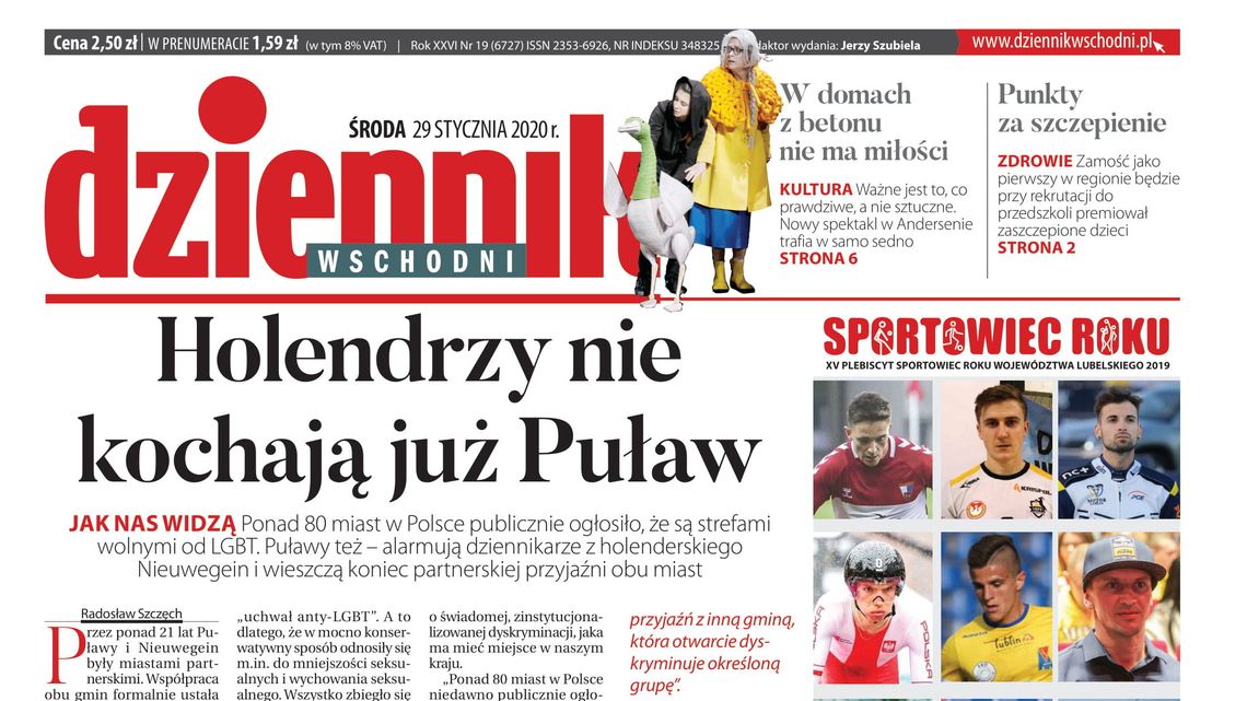 Pierwsza strona Dziennika Wschodniego z 29 stycznia 2020 r.