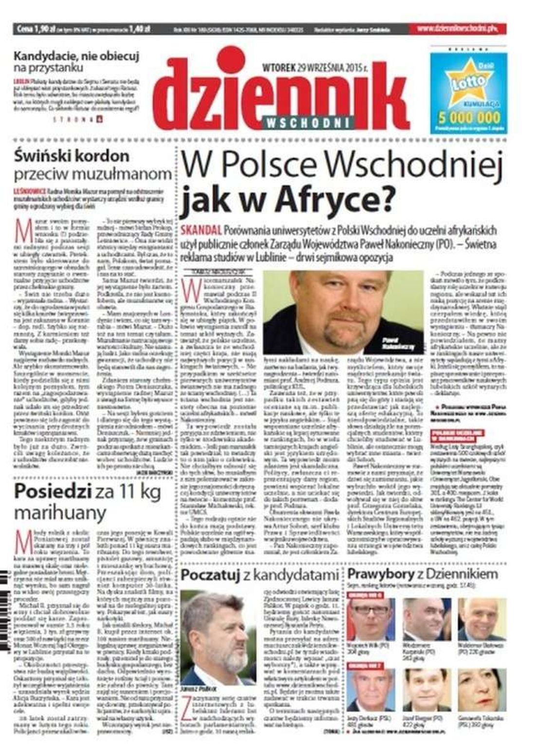 Pierwsza strona Dziennika Wschodniego z 29 września 2015 roku