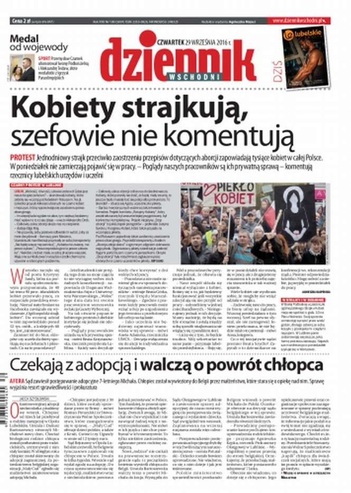 Pierwsza strona Dziennika Wschodniego z 29 września 2016 r.