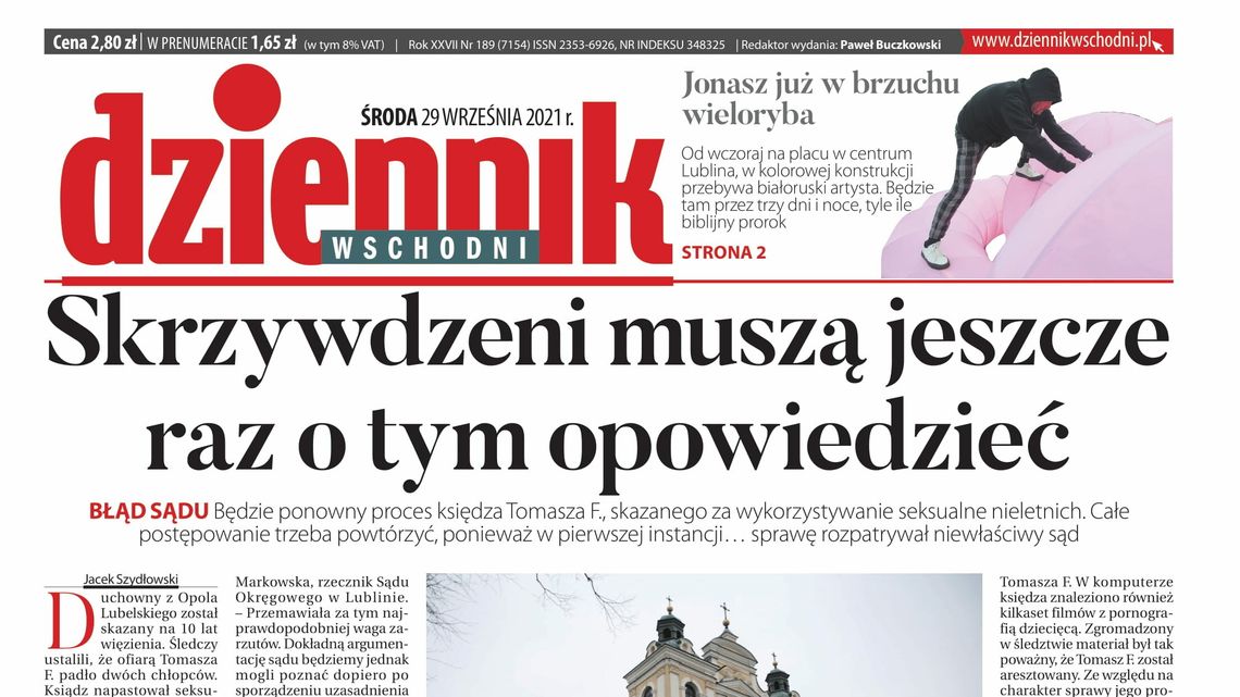 Pierwsza strona Dziennika Wschodniego z 29 września 2021 roku