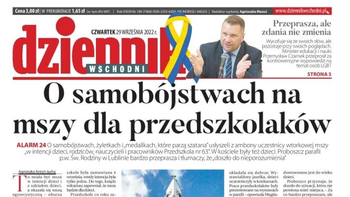 Pierwsza strona Dziennika Wschodniego z 29 września 2022 r.
