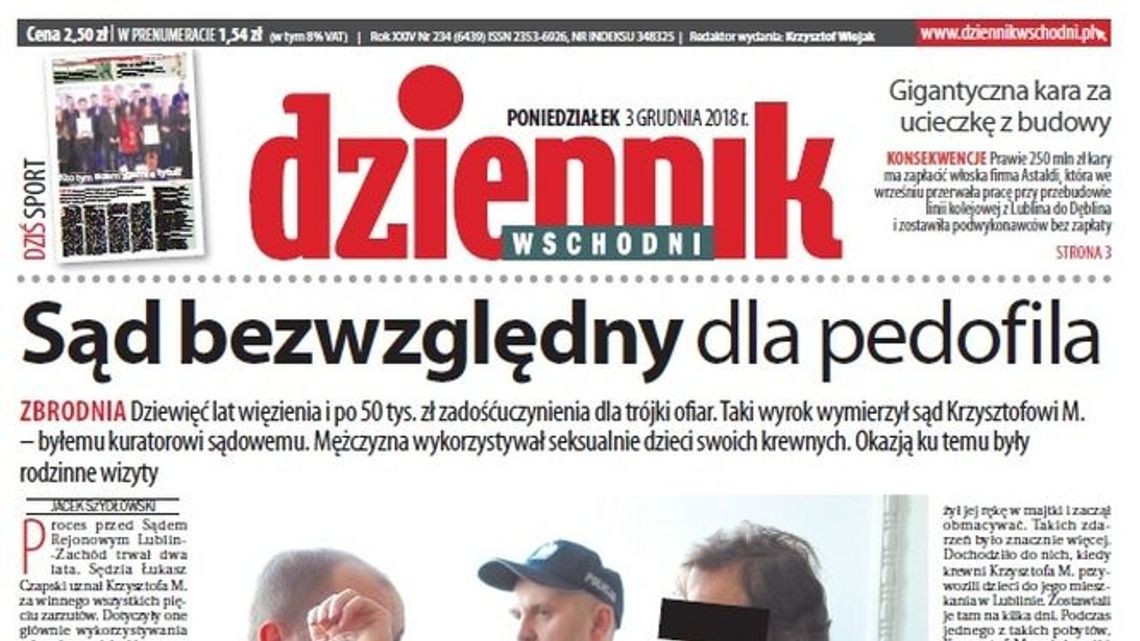 Pierwsza strona Dziennika Wschodniego z 3 grudnia 2018 roku