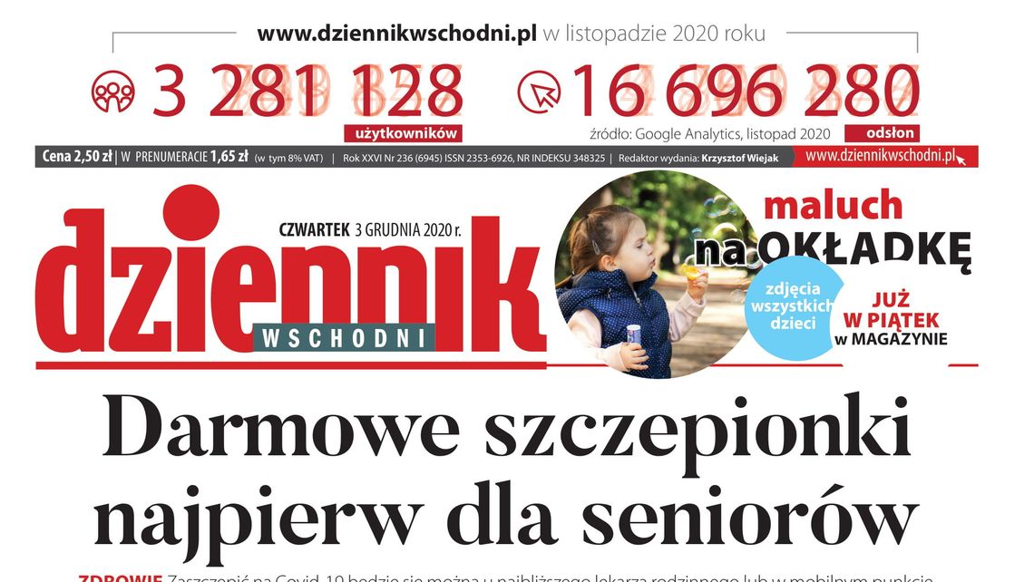 Pierwsza strona Dziennika Wschodniego z 3 grudnia 2020 r.