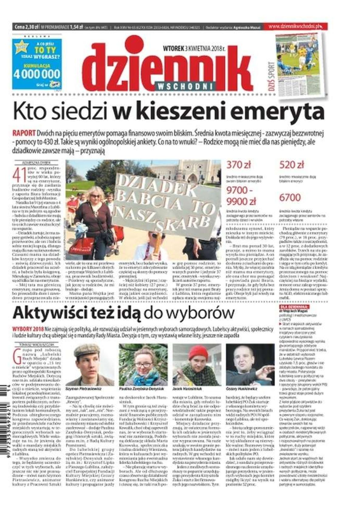 Pierwsza strona Dziennika Wschodniego z 3 kwietnia 2018 r.