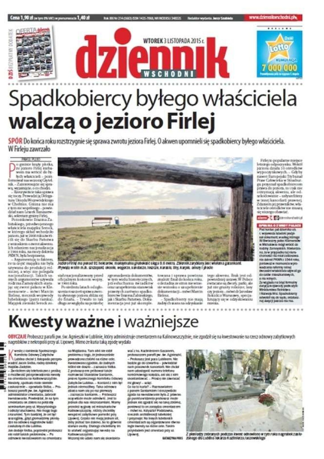 Pierwsza strona Dziennika Wschodniego z 3 listopada 2015 roku