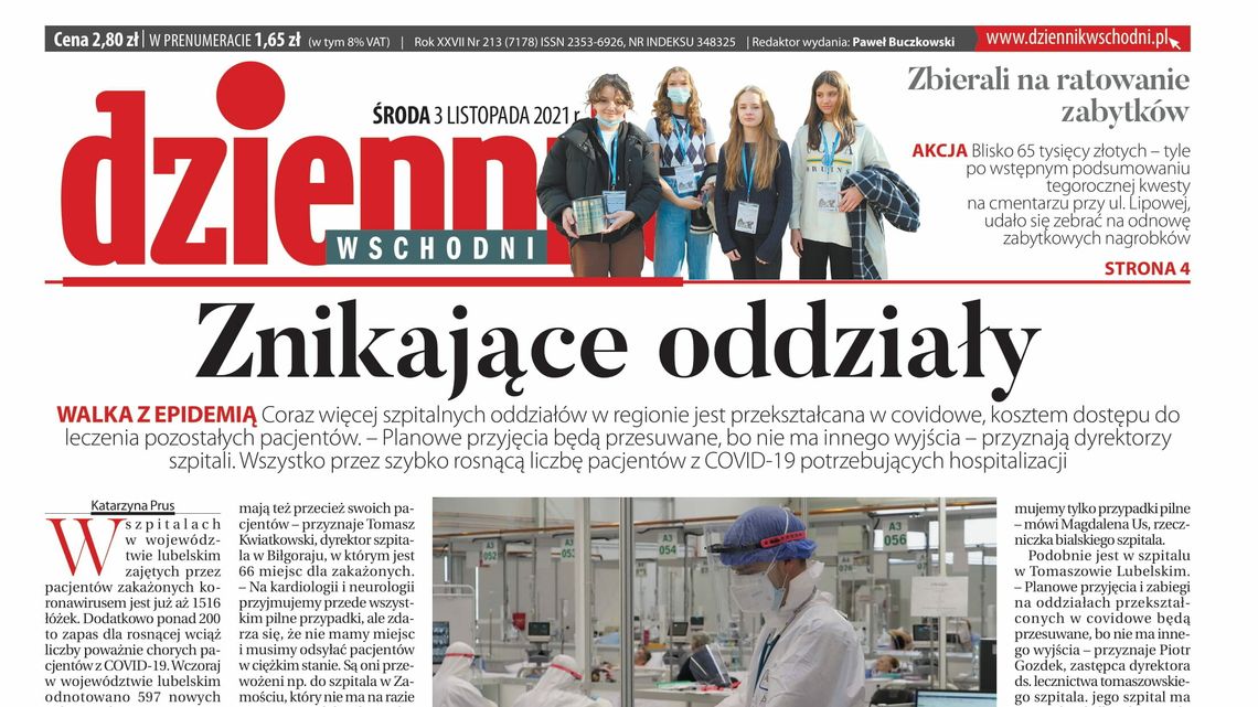 Pierwsza strona Dziennika Wschodniego z 3 listopada 2021 roku