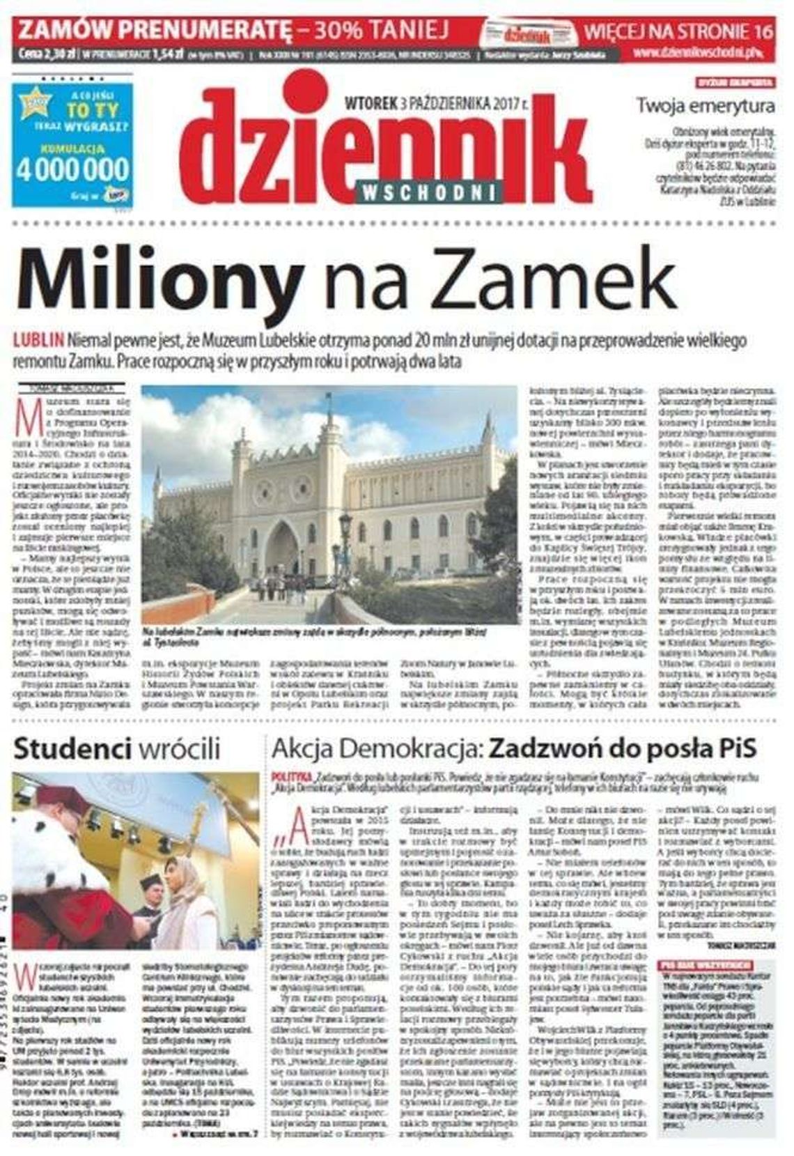 Pierwsza strona Dziennika Wschodniego z 3 października 2017 roku