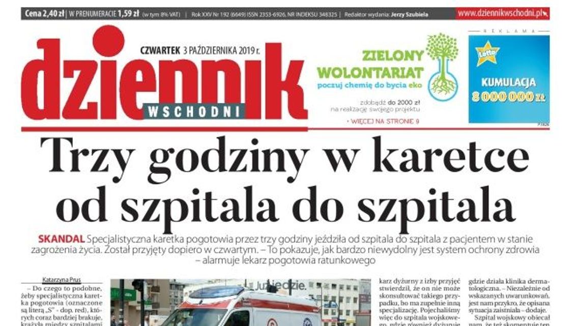 Pierwsza strona Dziennika Wschodniego z 3 października 2019 r.