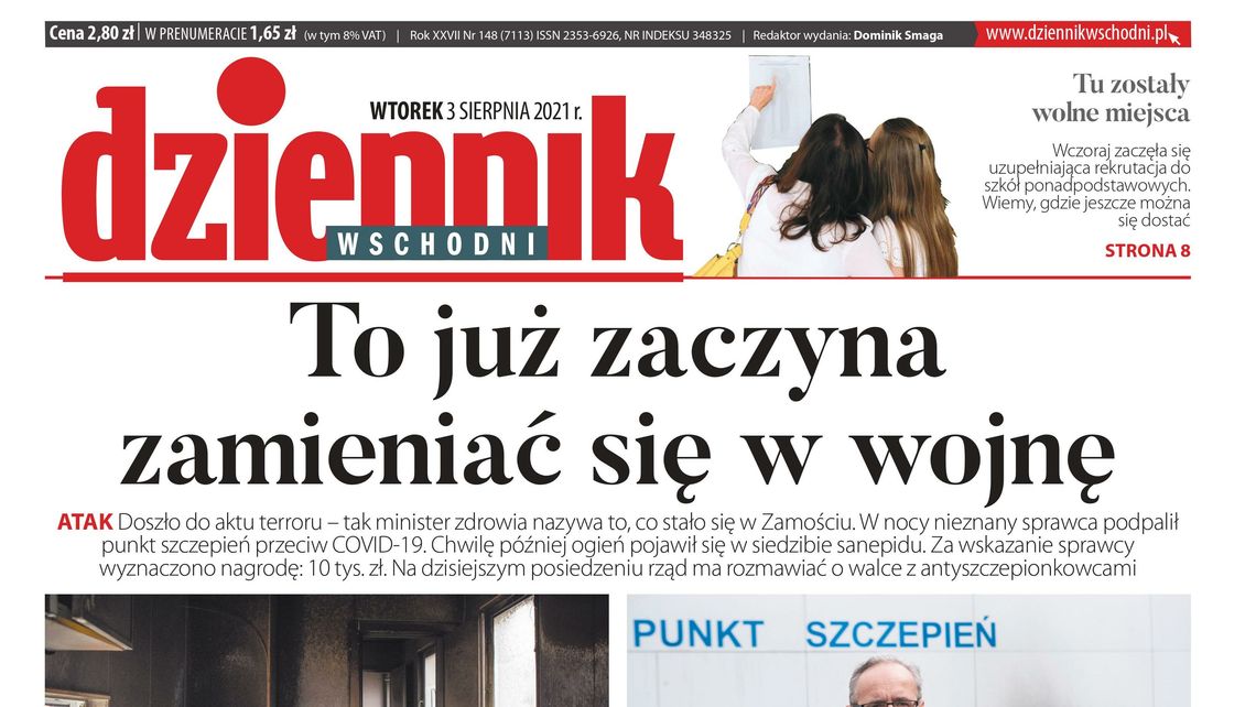 Pierwsza strona Dziennika Wschodniego z 3 sierpnia 2021 roku