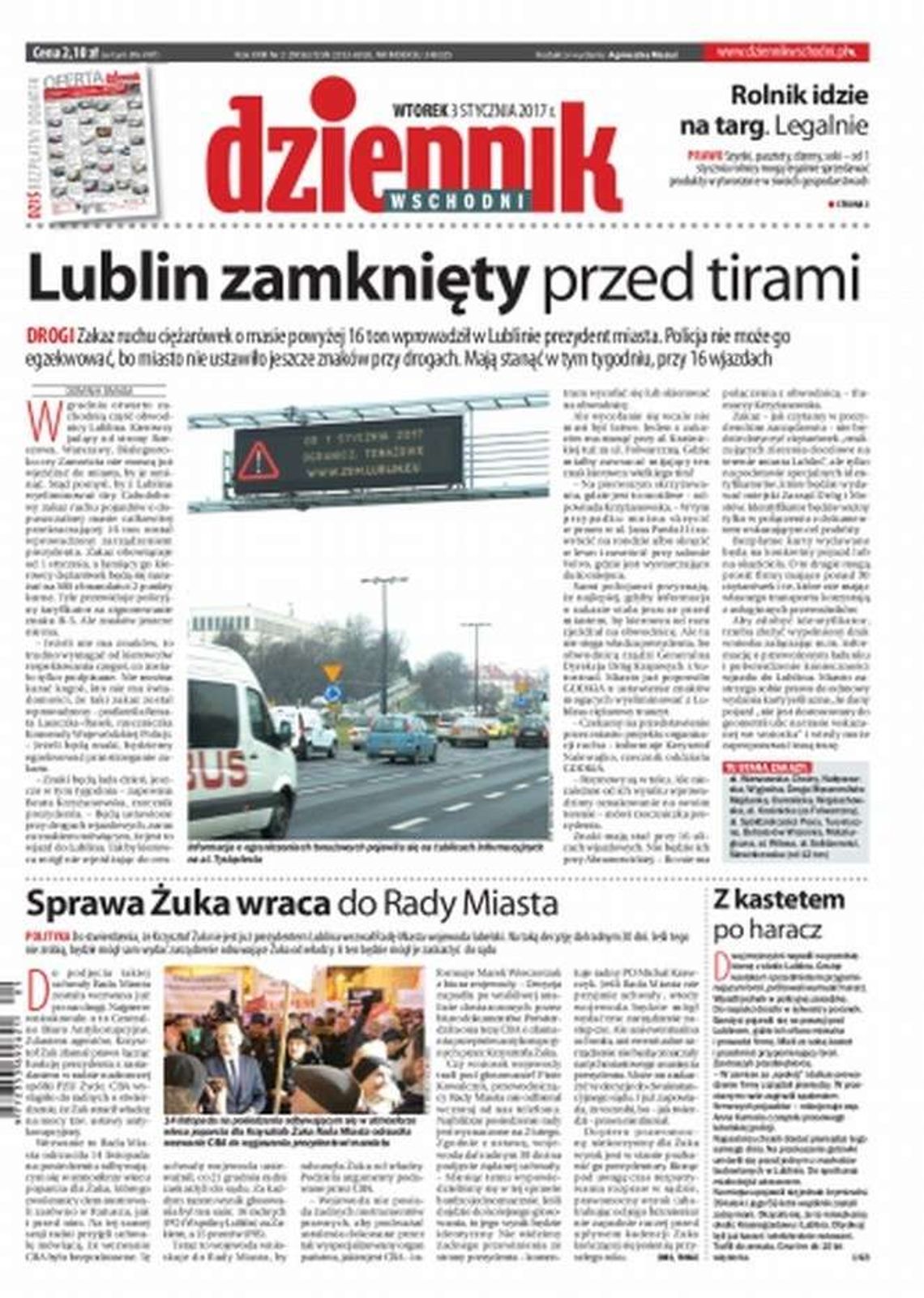 Pierwsza strona Dziennika Wschodniego z 3 stycznia 2017 r.