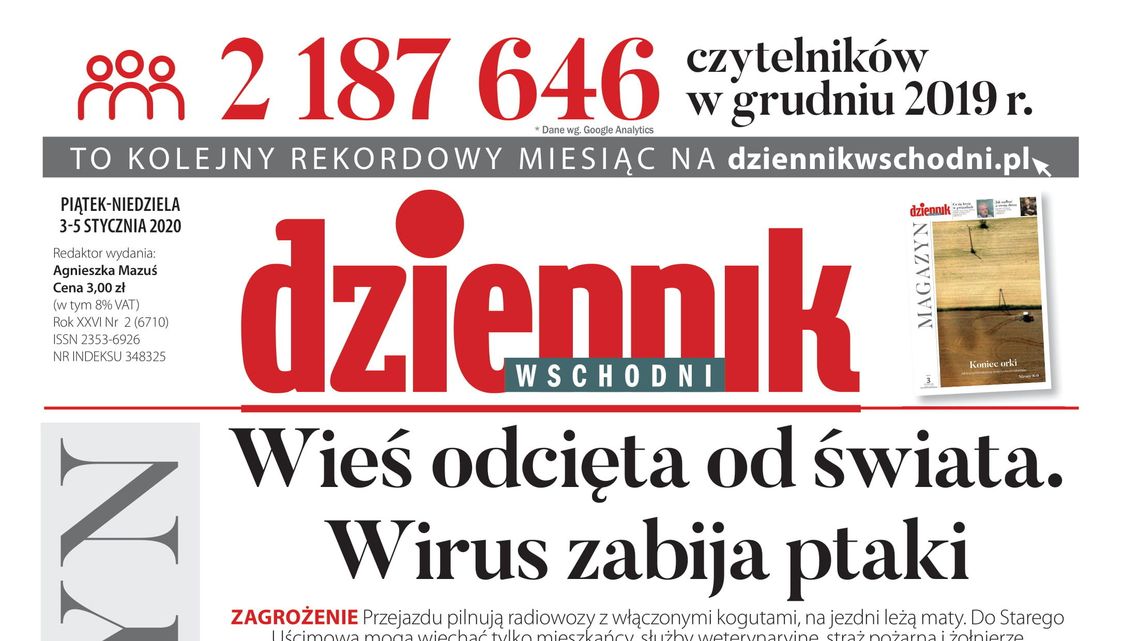 Pierwsza strona Dziennika Wschodniego z 3 stycznia 2020 roku