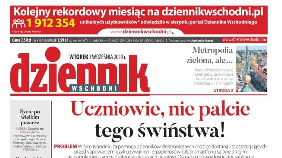 Pierwsza strona Dziennika Wschodniego z 3 września 2019 r.