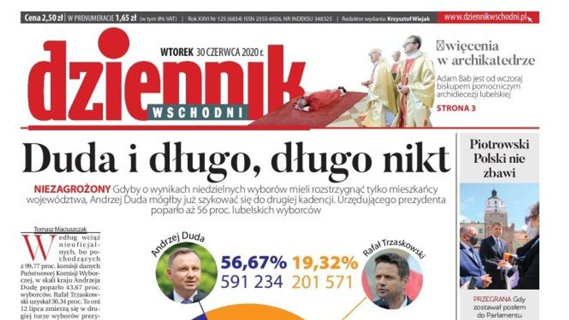 Pierwsza strona Dziennika Wschodniego z 30 czerwca 2020 r.