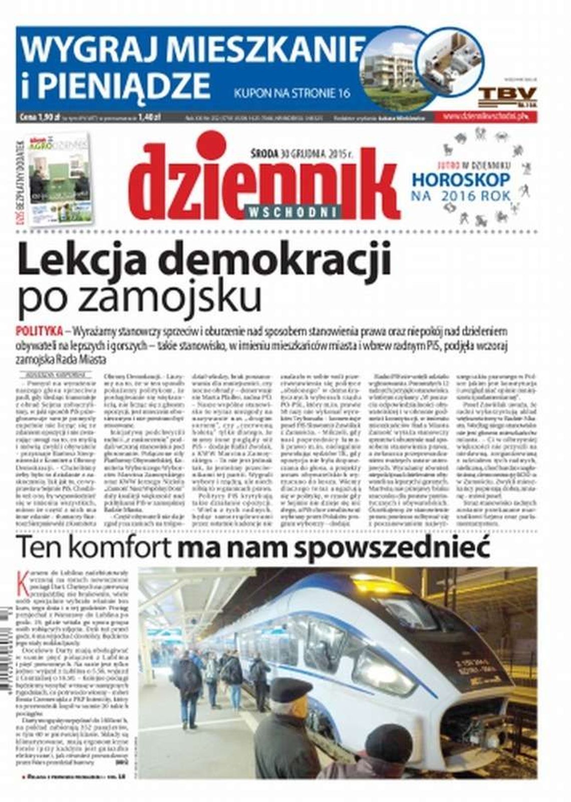 Pierwsza strona Dziennika Wschodniego z 30 grudnia 2015 r.