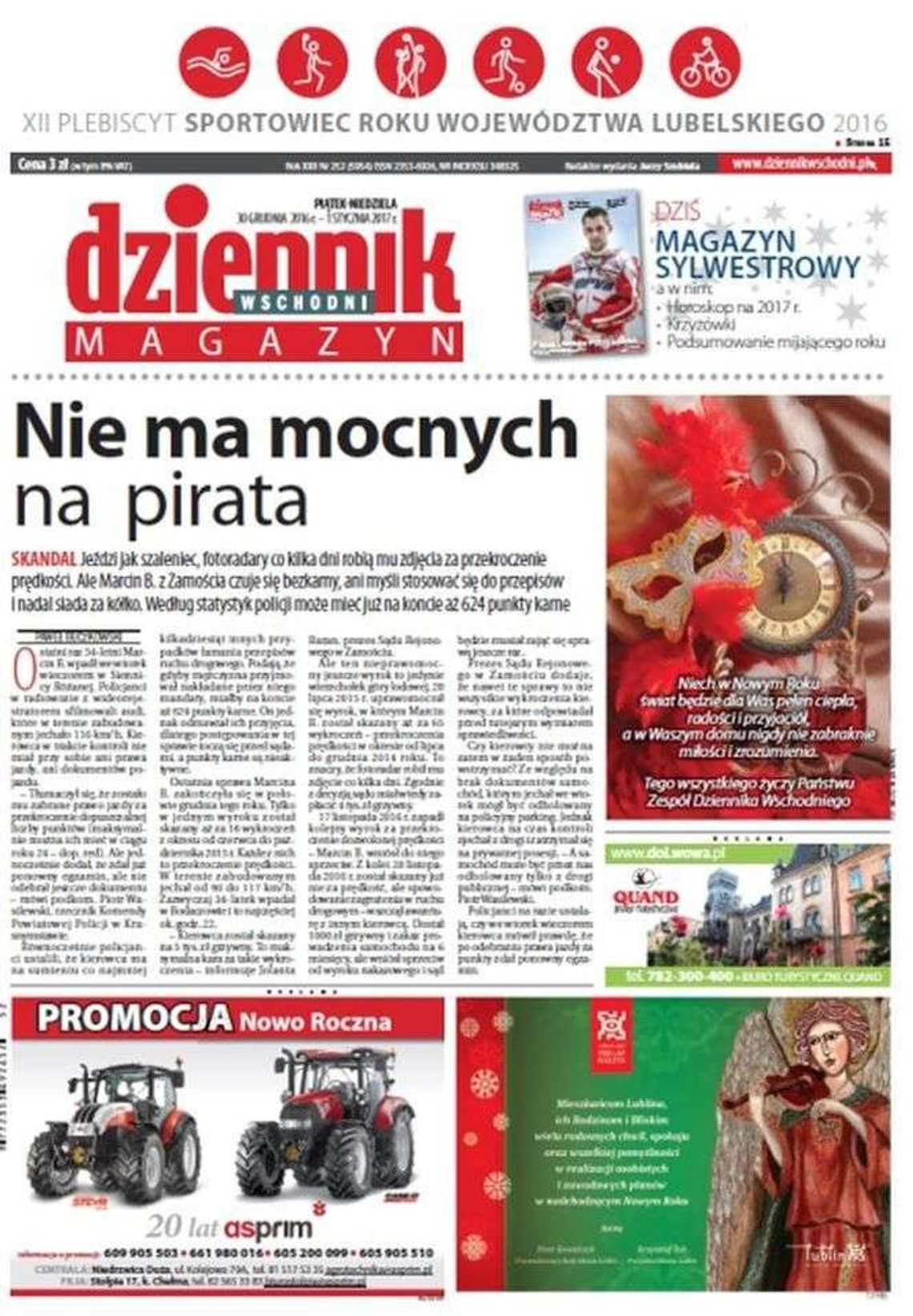 Pierwsza strona Dziennika Wschodniego z 30 grudnia 2016 roku