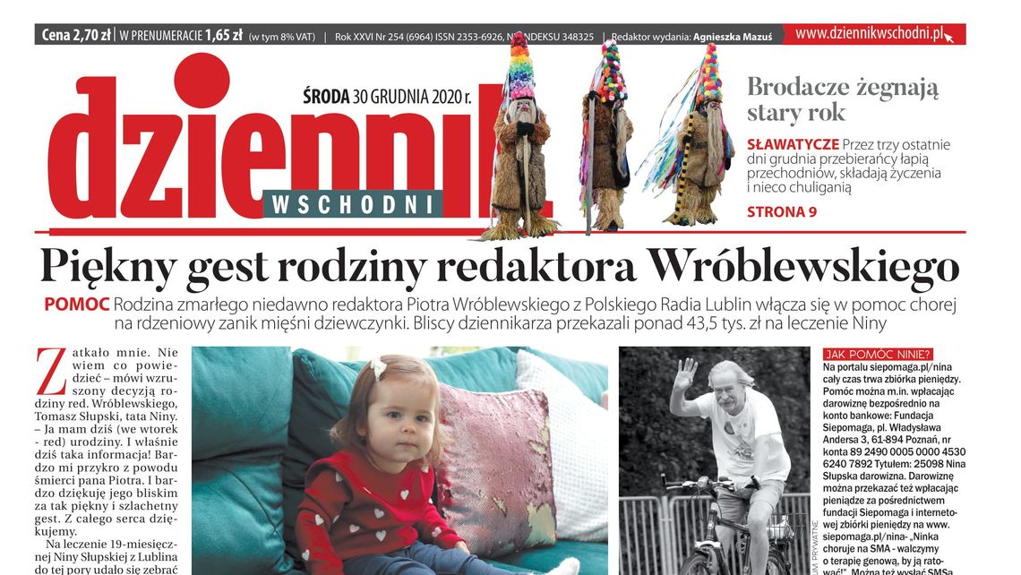 Pierwsza strona Dziennika Wschodniego z 30 grudnia 2020 roku