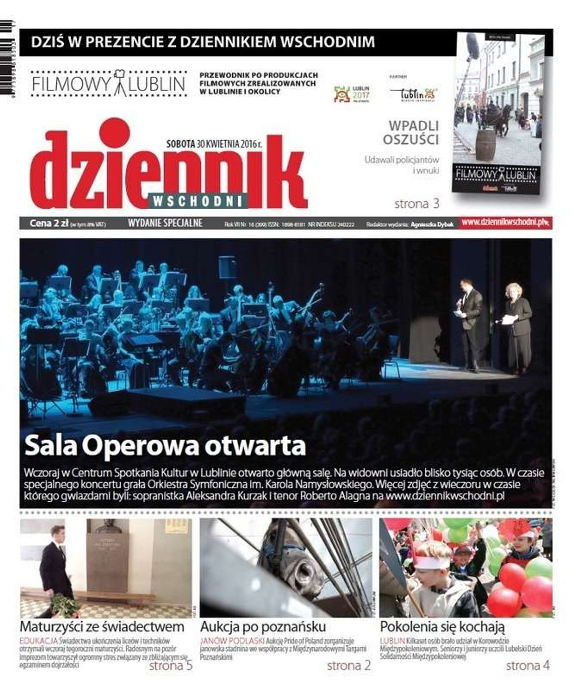 Pierwsza strona Dziennika Wschodniego z 30 kwietnia 2016 roku