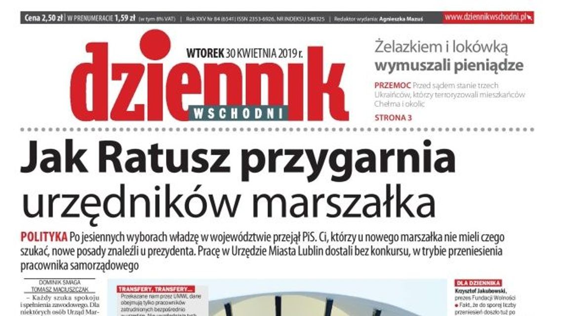 Pierwsza strona Dziennika Wschodniego z 30 kwietnia 2019 r.