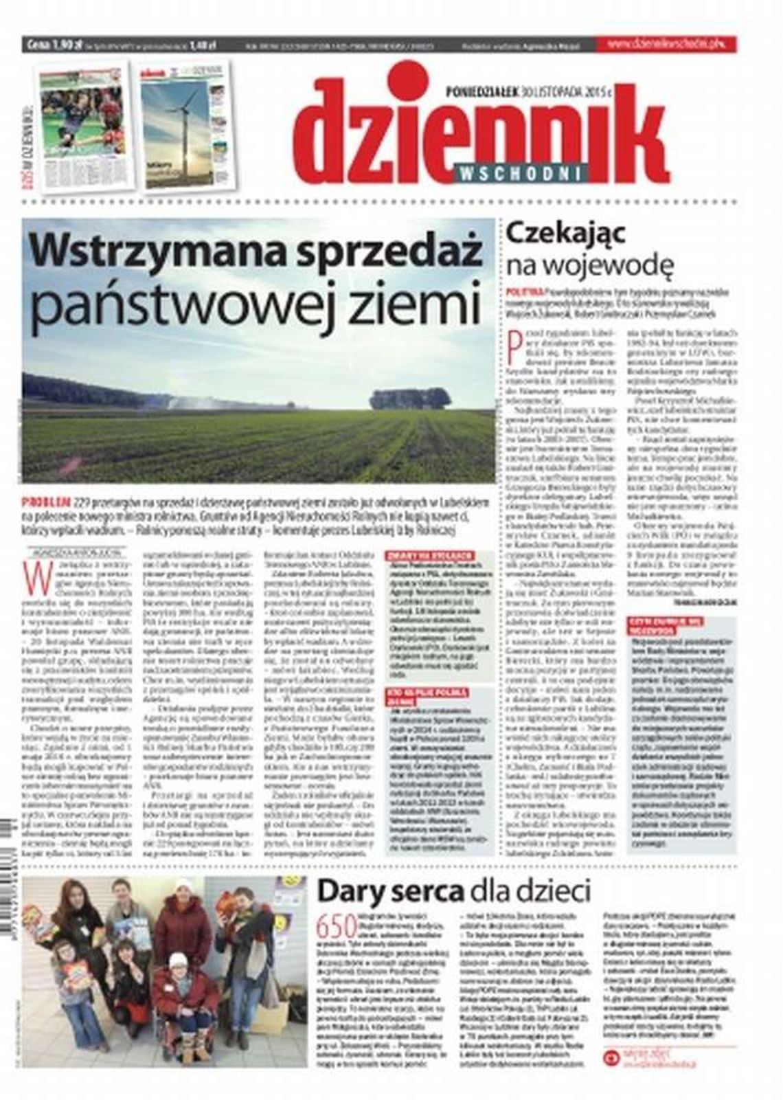 Pierwsza strona Dziennika Wschodniego z 30 listopada 2015 r.