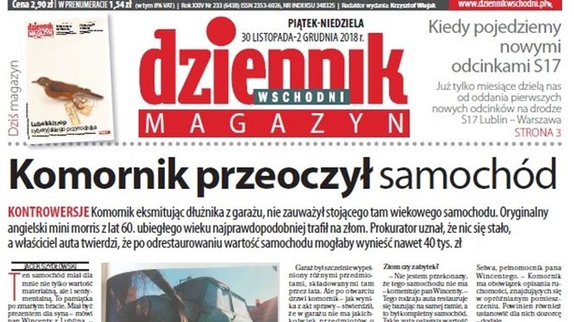 Pierwsza strona Dziennika Wschodniego z 30 listopada 2018 roku