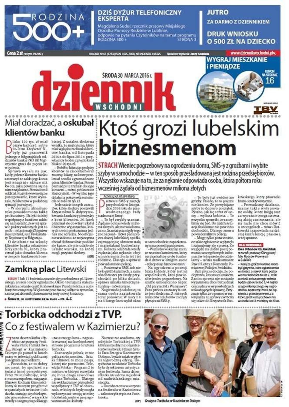 Pierwsza strona Dziennika Wschodniego z 30 marca 2016 roku