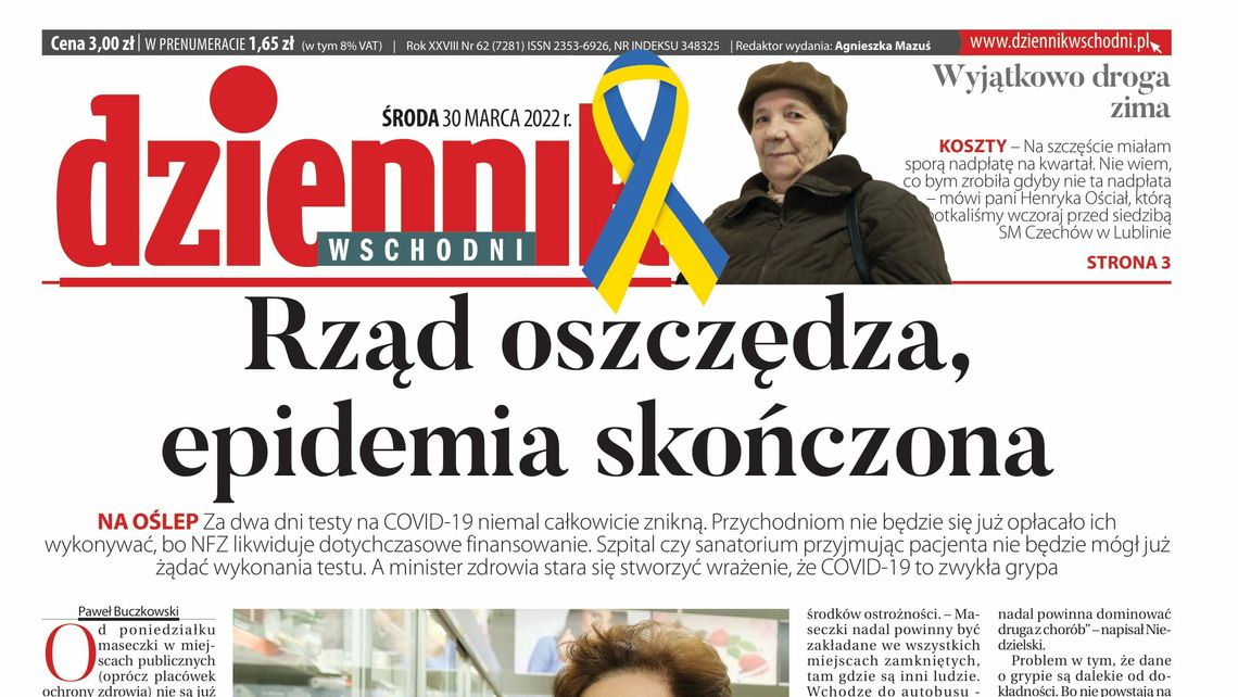Pierwsza strona Dziennika Wschodniego z 30 marca 2022 roku