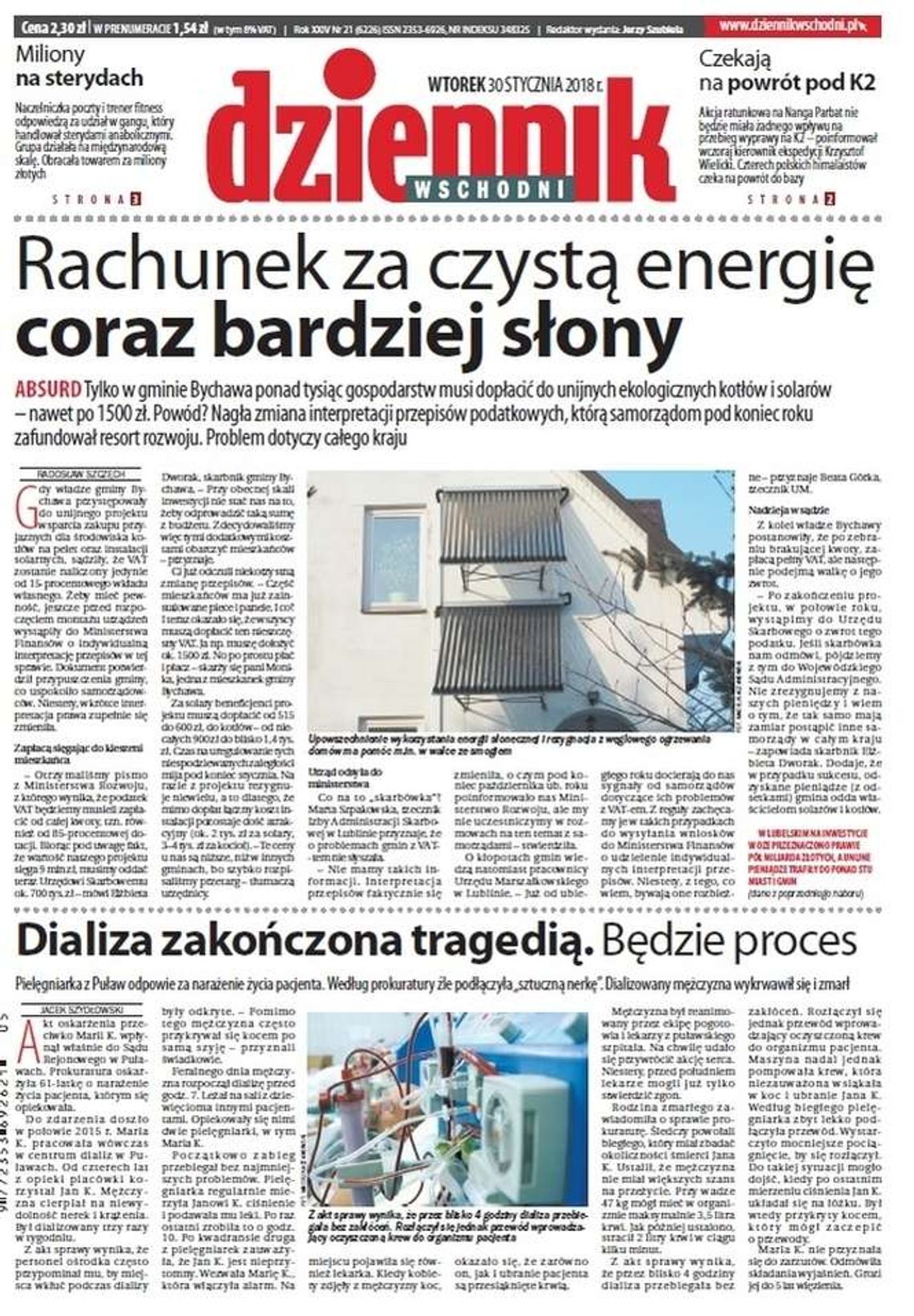 Pierwsza strona Dziennika Wschodniego z 30 stycznia 2018 roku