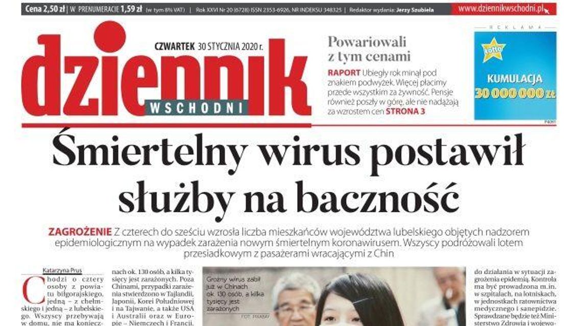 Pierwsza strona Dziennika Wschodniego z 30 stycznia 2020 r.