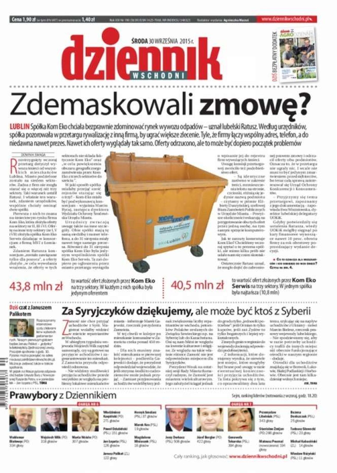 Pierwsza strona Dziennika Wschodniego z 30 września 2015 r.