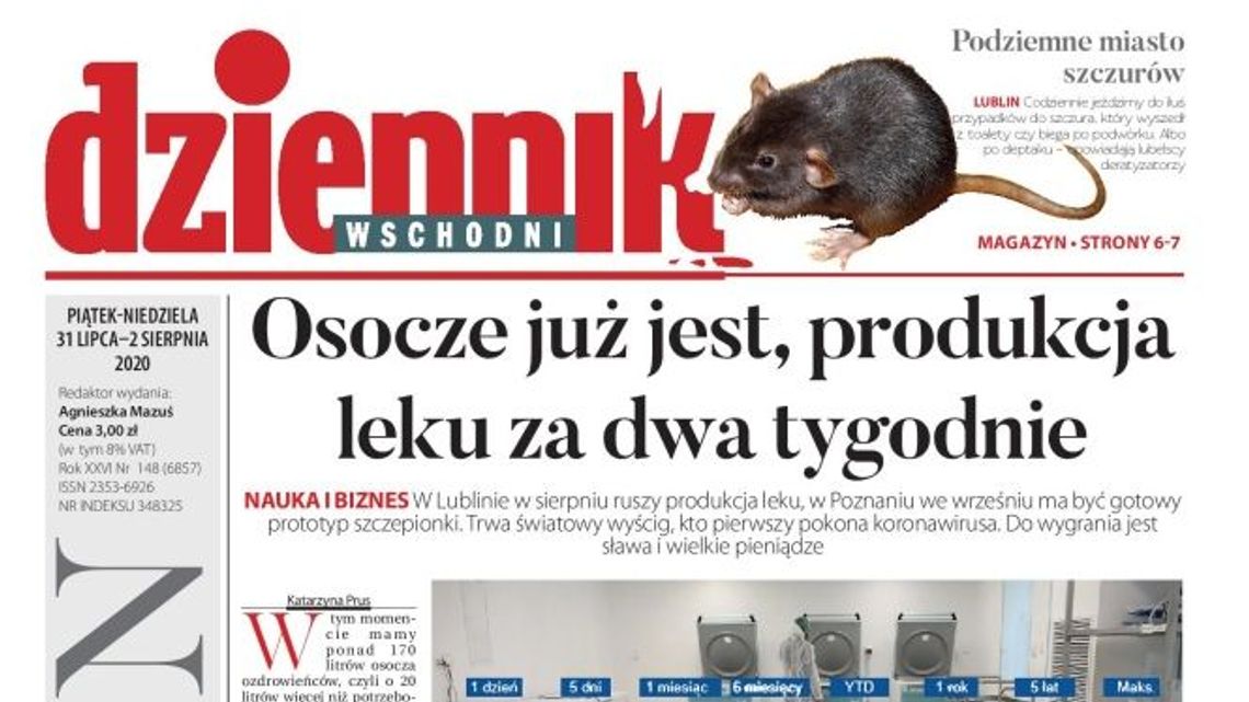 Pierwsza strona Dziennika Wschodniego z 31 lipca 2020 r.