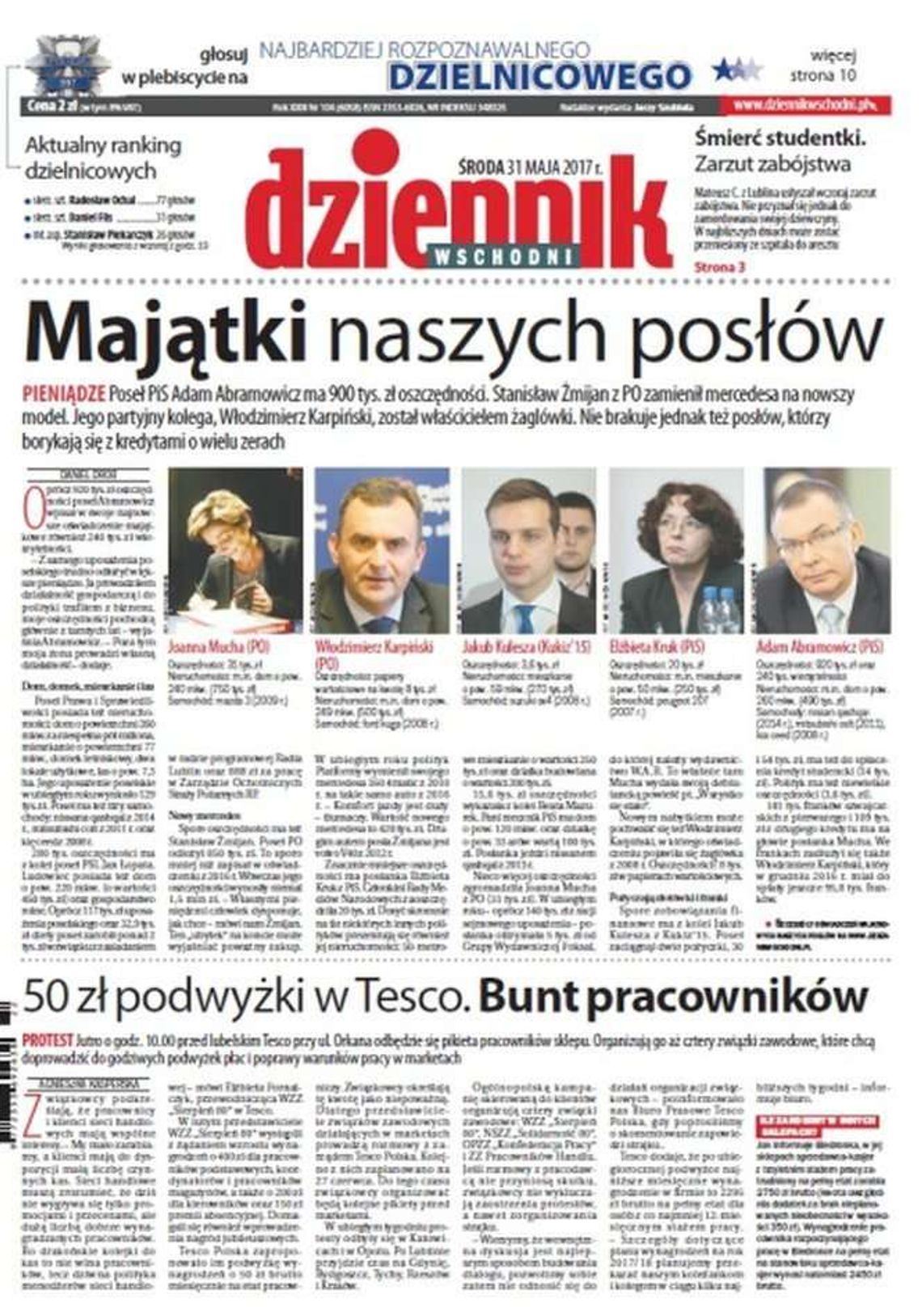 Pierwsza strona Dziennika Wschodniego z 31 maja 2017 roku