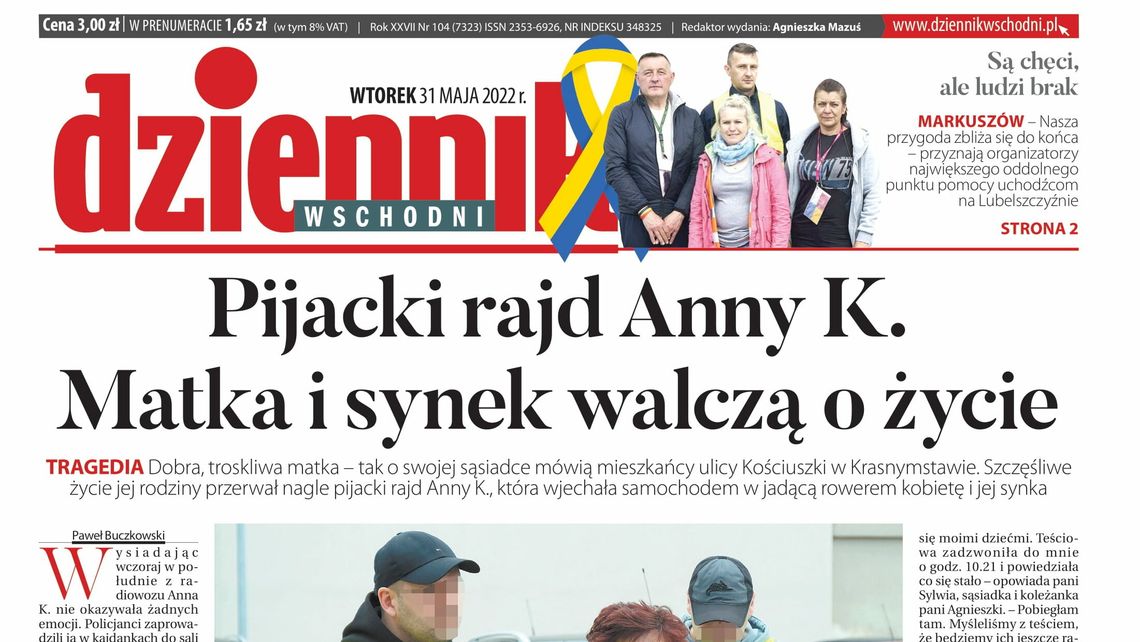  Pierwsza strona Dziennika Wschodniego z 31 maja 2022 r. 