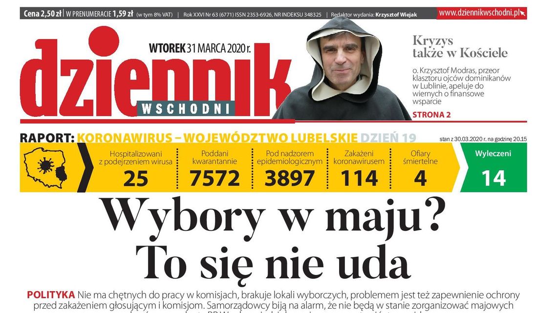 Pierwsza strona Dziennika Wschodniego z 31 marca 2020 r.