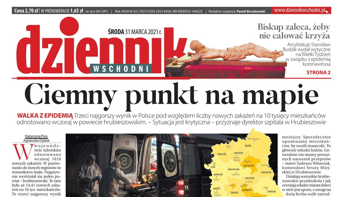 Pierwsza strona Dziennika Wschodniego z 31 marca 2021 roku
