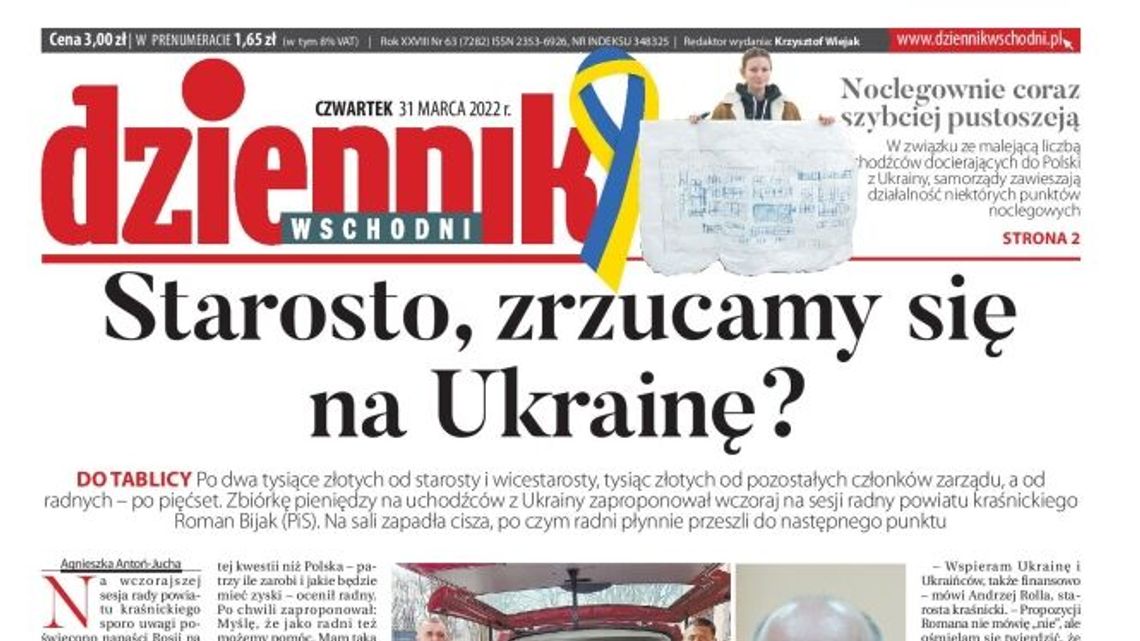 Pierwsza strona Dziennika Wschodniego z 31 marca 2022 r.