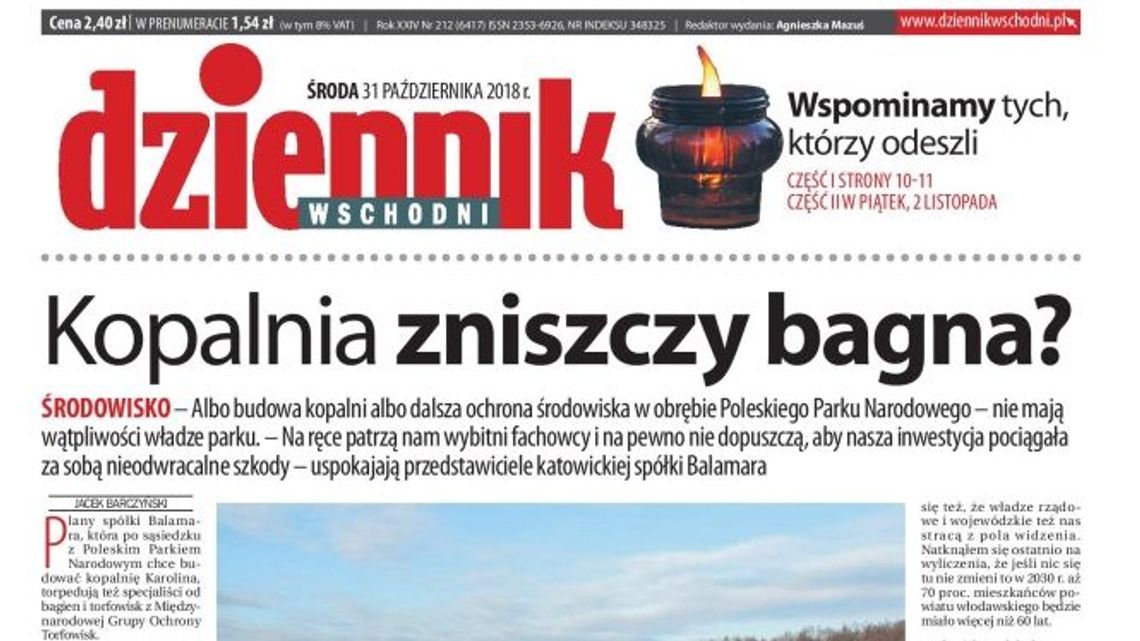 Pierwsza strona Dziennika Wschodniego z 31 października 2018 r.