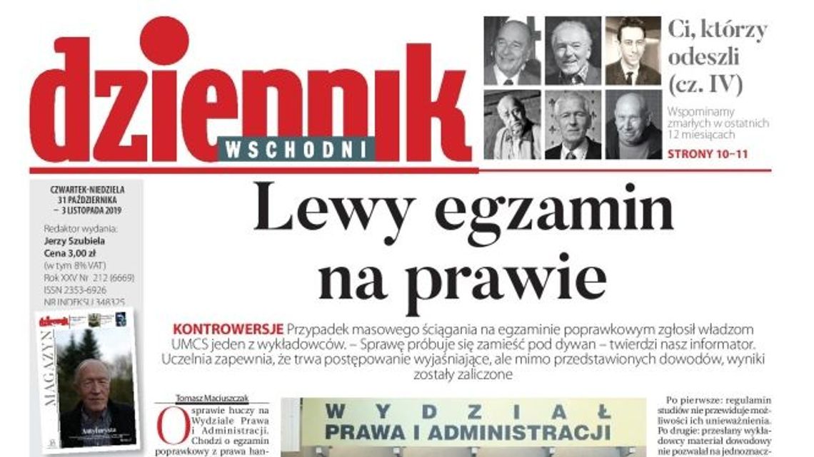 Pierwsza strona Dziennika Wschodniego z 31 października 2019 