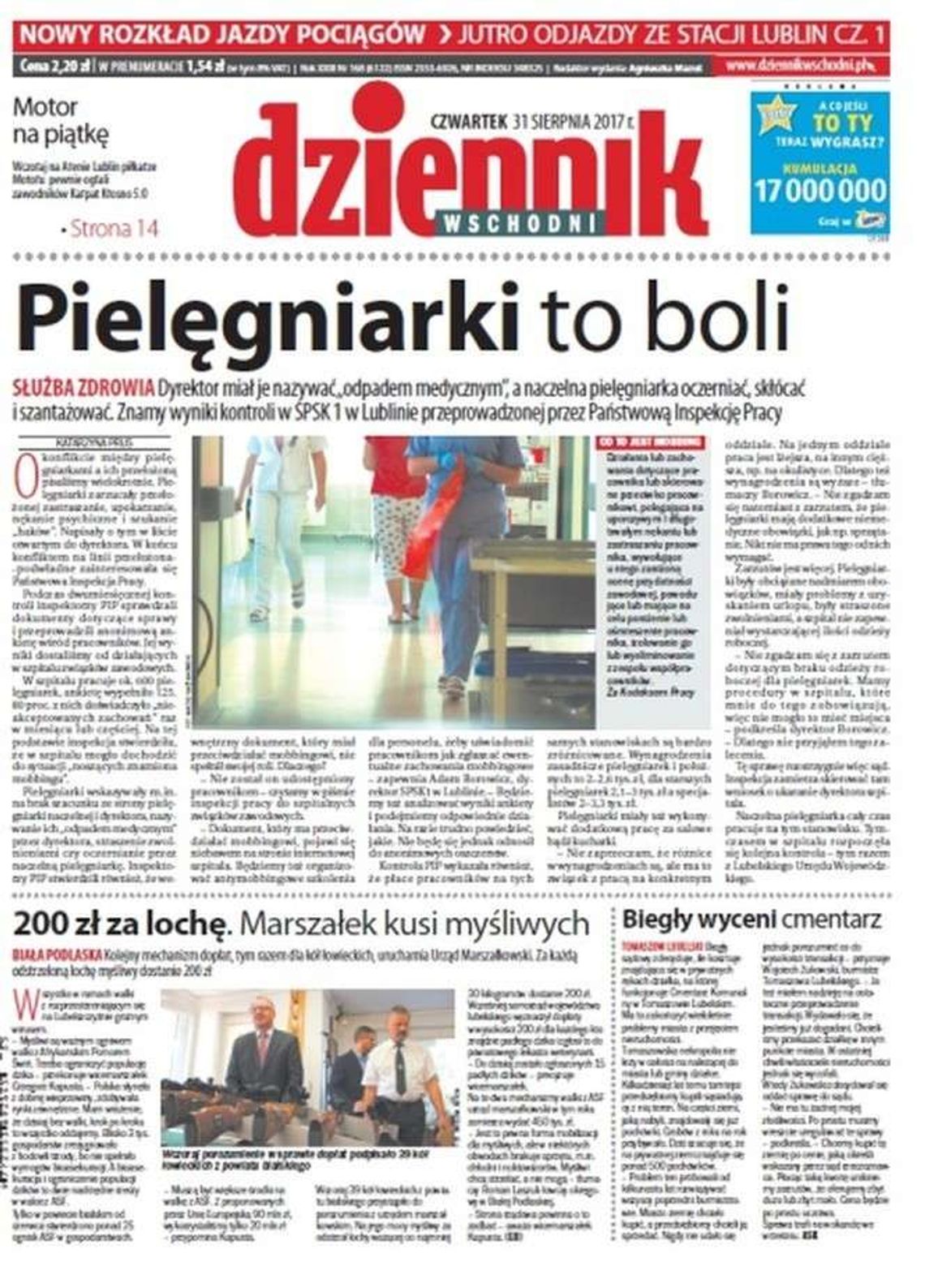 Pierwsza strona Dziennika Wschodniego z 31 sierpnia 2017 roku