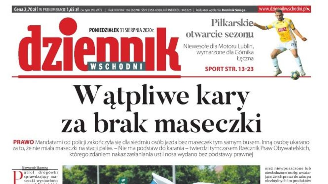 Pierwsza strona Dziennika Wschodniego z 31 sierpnia 2020 r.