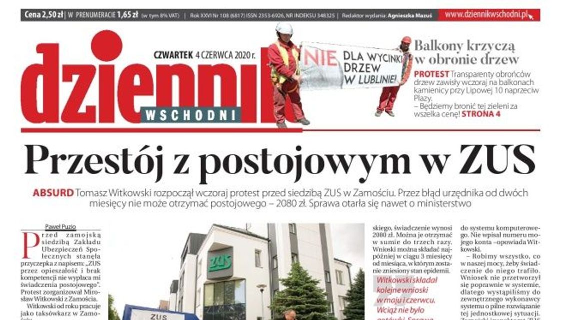 Pierwsza strona Dziennika Wschodniego z 4 czerwca 2020 r.