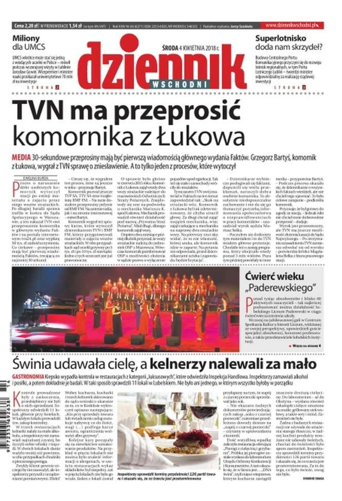 Pierwsza strona Dziennika Wschodniego z 4 kwietnia 2018 r.