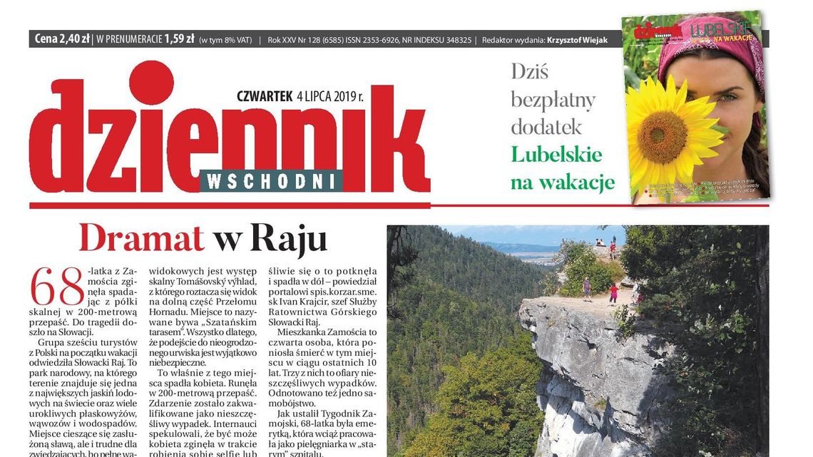 Pierwsza strona Dziennika Wschodniego z 4 lipca 2019 r.