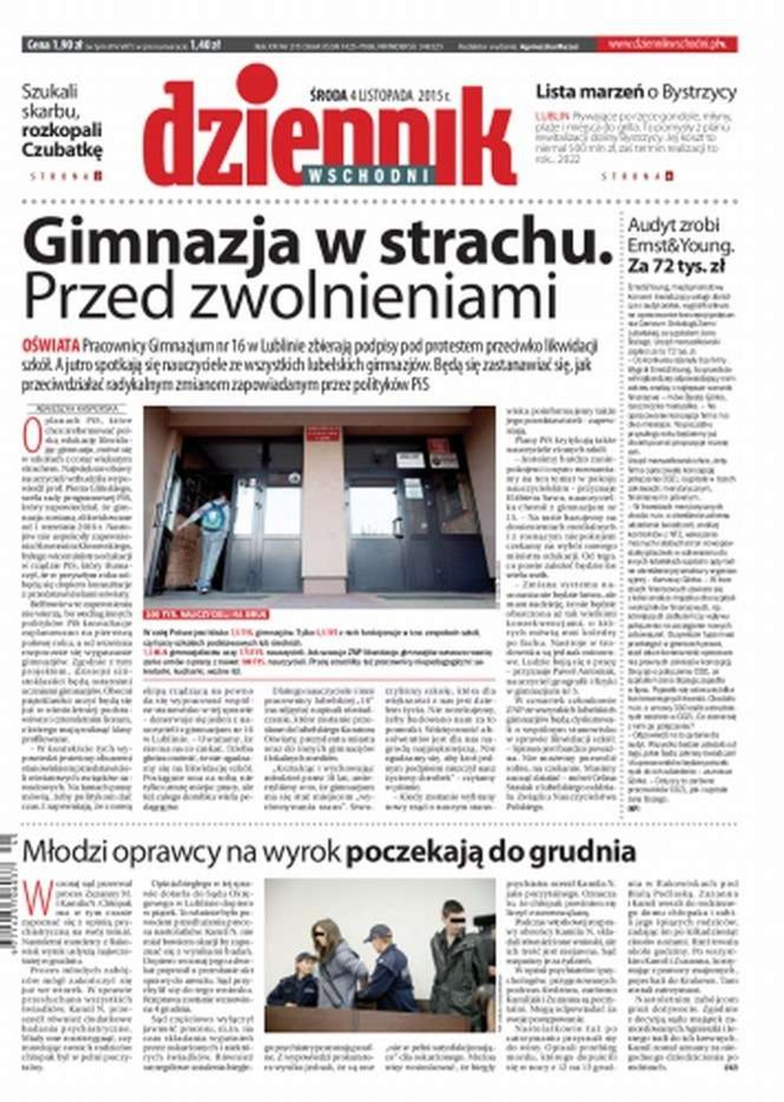 Pierwsza strona Dziennika Wschodniego z 4 listopada 2015